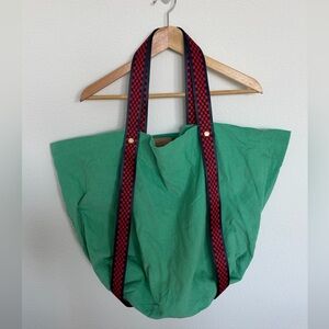 Clare V. RARE  Trop Tote Large Corduroy Green Navy Red Checkered Straps